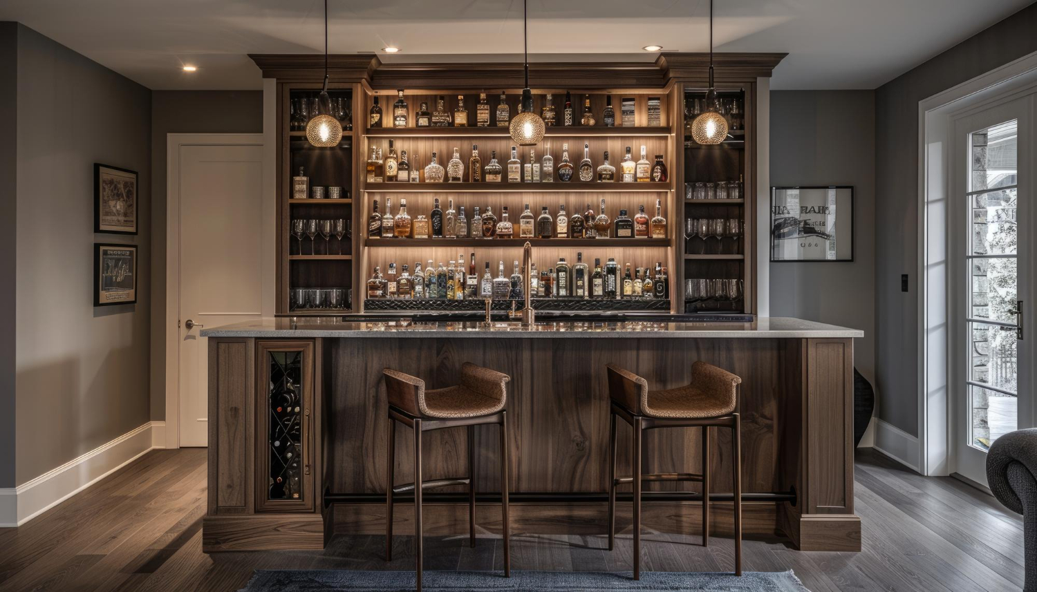 Modern indoor bar with bespoke joinery and premium countertop.